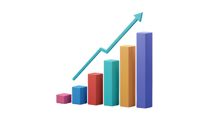 A colorful bar graph with an upward trending arrow on a black background representing growth trend