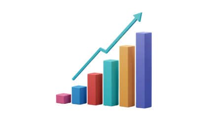 A colorful bar graph with an upward trending arrow on a black background representing growth trend