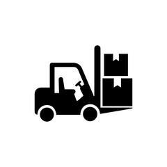 Black Filled Icon of a Warehouse Forklift Lifting a Box