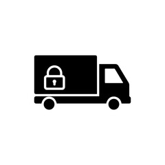 Black Filled Icon of a Truck with Cargo Compartment Lock Symbol