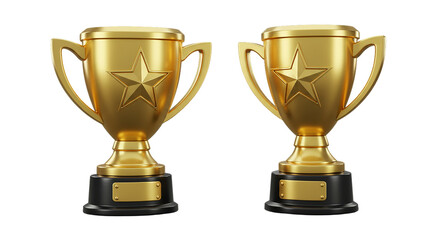 A pair of golden trophies with star emblems sitting on black bases against a black background scene view