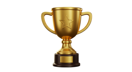 A golden trophy with a star on it sitting on a dark base against a black background in a studio shot
