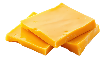 three slices of vibrant orange cheese stacked together. showcasing a smooth texture and a rich color this type of cheese is often used in various culinary applications. including sandwiches. burgers.