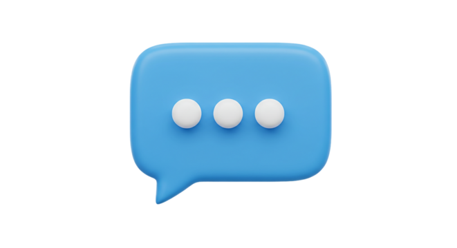 A blue speech bubble with three white circles inside on a black background in a rendered style
