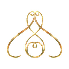 Gold ribbons ornament of vibrant collection. Curls, ribbons elements hand-painted in watercolor with gold paint accents. Isolate is presented for textiles, wallpaper, prints, packaging