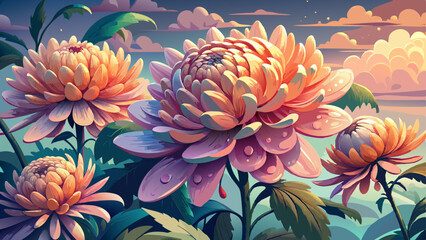 Chrysanthemum blooms drenched in morning dew, their petals glistening in the soft light of dawn