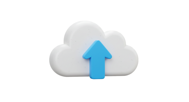 A white cloud with a blue arrow pointing upwards on a black background in a digital rendering style