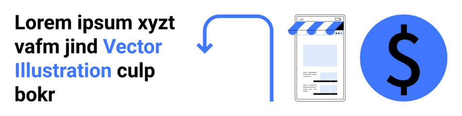 Online storefront with awning icon connected to a large dollar sign by arrow, representing e-commerce success. Ideal for e-commerce, online sales, digital marketing, revenue, payment systems