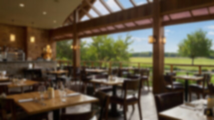 Fototapeta premium blur restaurant interior, restaurant with classic theme, table and chairs made of traditional wood, natural feel, blur cafe background