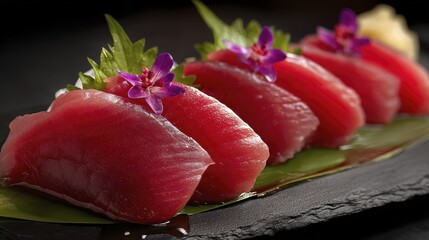 Striking image of glistening sashimi, showcasing its incredible freshness and quality - salmon closeup dining