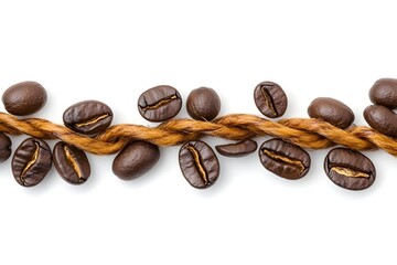 Fototapeta premium Roasted coffee beans scattered along a twisted, light brown rope against a white backdrop