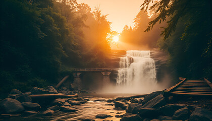 Cascading Waterfall with Wooden Bridge and Golden Sunlight in Lush Forest