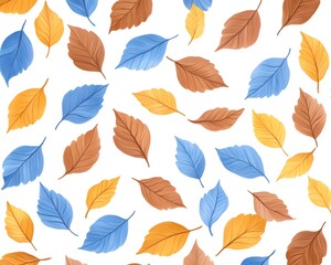 Obraz premium Scattered autumn leaves in blue, orange, and brown hues on a white background