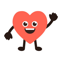 Happy red heart cartoon character waving hand. Flat decorative vector design isolated illustration.