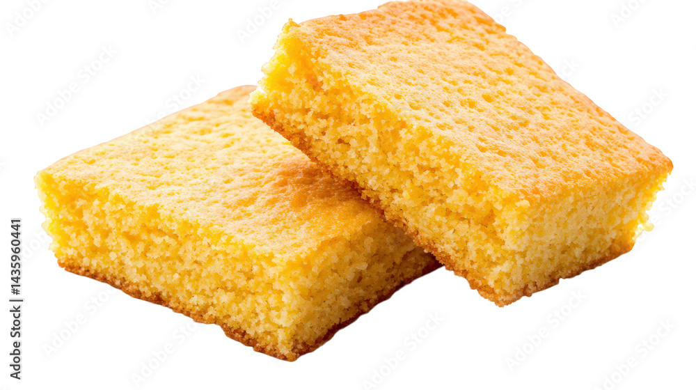 Poster two pieces of golden-brown cornbread. showcasing a moist and fluffy texture the cornbread is cut int