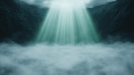 Mystical valley, ethereal light piercing through fog