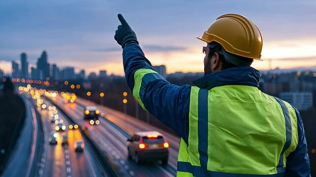 Guiding the Way: An engineer directs traffic flow, wearing a hard hat and high-visibility vest, with the cityscape creating an urban and safe environment.