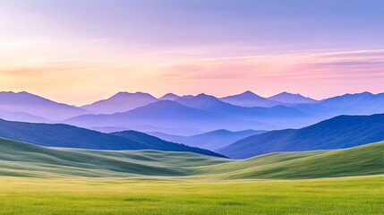 Serene sunrise over rolling hills and distant, hazy mountains in pastel hues
