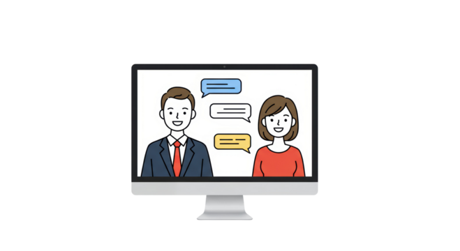 Isolated Virtual Meeting Illustration with Man and Woman on Computer Screen