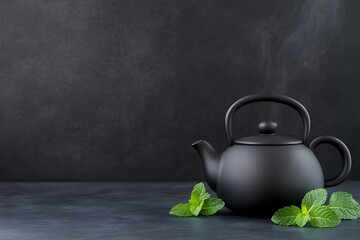 Steaming black teapot with fresh mint leaves on dark surface