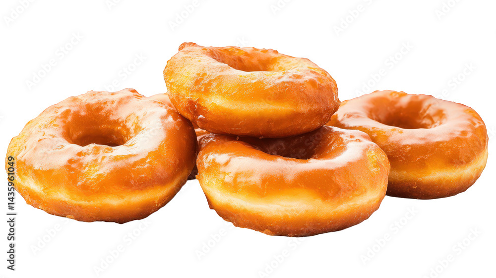 Poster stack of four glazed donuts. showcasing their golden-brown color and shiny glaze they are arranged i