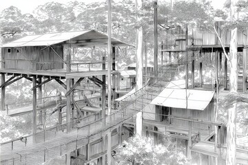 Fototapeta premium Treehouse Complex Surrounded by Lush Forest Landscape Design