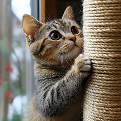 A charming tabby kitten stares up, gripping a scratching post, with endearing curiosity and playful charm.