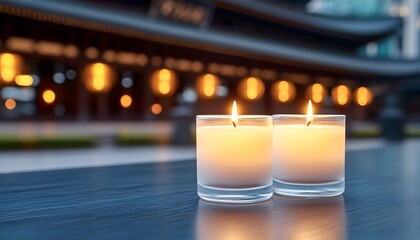 Two lit candles on a dark surface before a softly lit temple at dusk