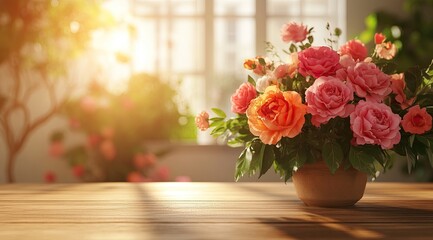 Roses in a vase on a wooden table with sunlight