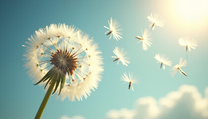 Obraz premium Close-up of a dandelion seed head with fluffy seeds blowing in the wind against a bright blue sky