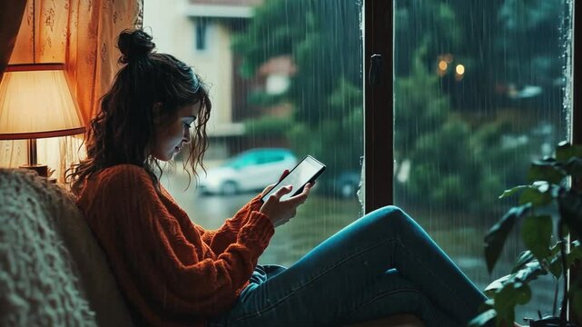 Rainy Day Reading: A young woman, cozy and content, immerses herself in the digital world by window side while it's raining outside.