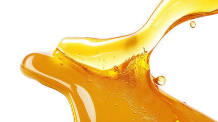 close-up view of a viscous. golden liquid that appears to be flowing or splashing. highlighting its smooth texture and glossy surface the background is plain white. emphasizing the liquid's color and