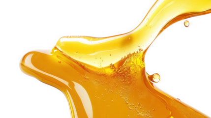 close-up view of a viscous. golden liquid that appears to be flowing or splashing. highlighting its smooth texture and glossy surface the background is plain white. emphasizing the liquid's color and