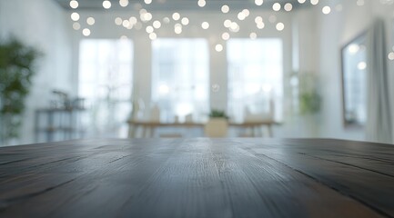 Empty wooden table in front of a blurred modern interior