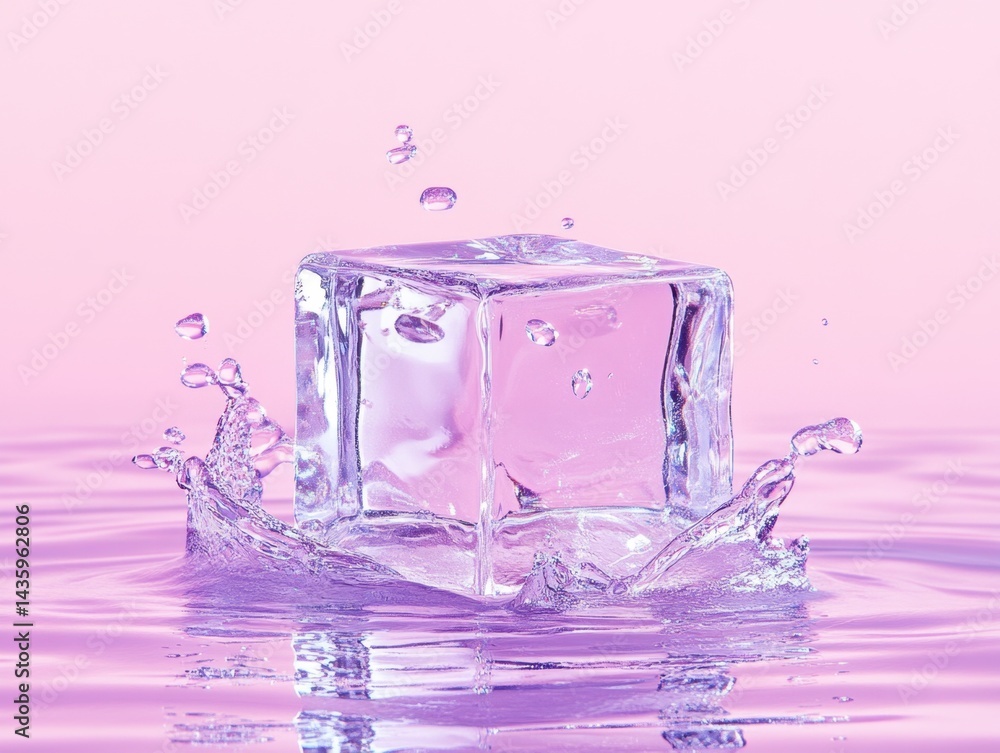 Aufkleber crystal-clear ice cube splashing into calm water, creating a ripple effect on a pink background