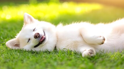 A fluffy white dog blissfully sleeps on its back in vibrant green grass, bathed in warm sunlight