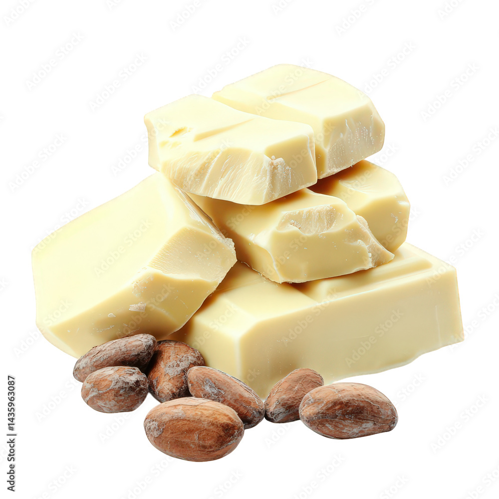 Poster several pieces of white chocolate stacked on top of each other. accompanied by cocoa beans placed at