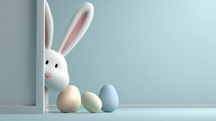 Obraz premium White Bunny Peeking Behind Frame with Pastel Eggs