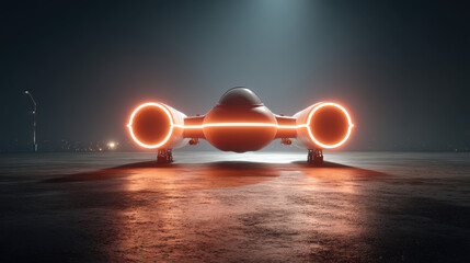 A futuristic spaceship with glowing orange engines rests on a dark, reflective surface, poised for takeoff beneath an ominous, softly lit sky at night.