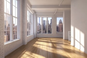 Obraz premium Empty bright New York loft with floor-to-ceiling windows, white brick walls, parquet flooring, and cityscape view. Photorealistic high-resolution interior.