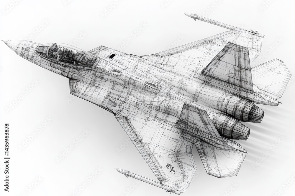 Poster detailed wireframe rendering of a military jet showcasing advanced design features and engineering