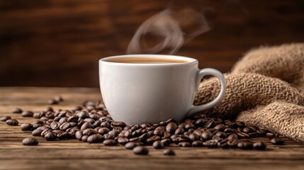 Steaming Coffee in White Mug on Wooden Table