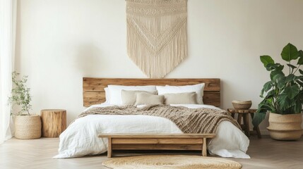 Neutral Minimalist Bedroom Decor with Wooden Bed