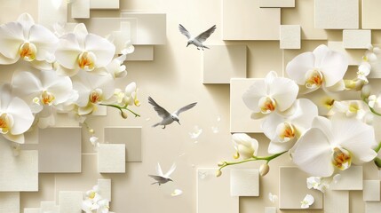White orchid flowers, birds, beige geometric background. Stock photo
