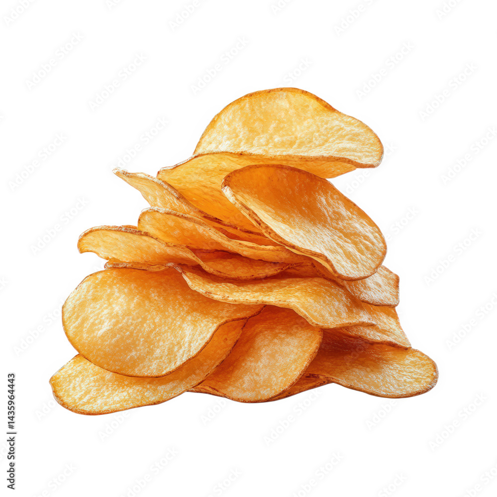 Poster a stack of golden. crispy potato chips arranged in a visually appealing manner. emphasizing their te