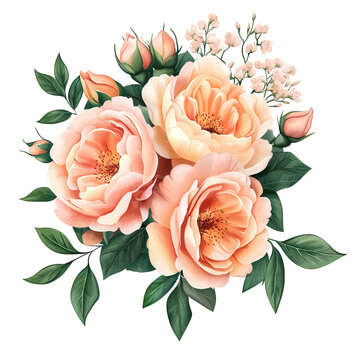 beautifully arranged bouquet of soft peach and pink roses. accompanied by delicate buds and small white flowers. set against a clean background this floral composition evokes a sense of beauty. romanc