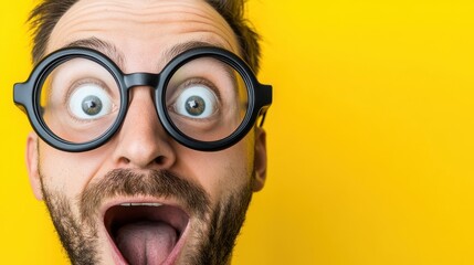 A man with a surprised expression, exaggerated by large, round glasses and an open mouth, against a vibrant yellow background