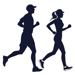 Male and Female Runners Silhouette Jogging in Motion on White Background