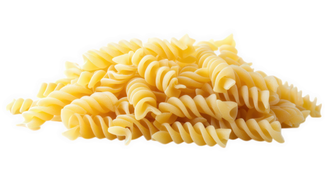 mound of uncooked fusilli pasta. showcasing its spiral shape and pale yellow color the pasta is neatly arranged against a white background. emphasizing its texture and form. making it suitable for cul