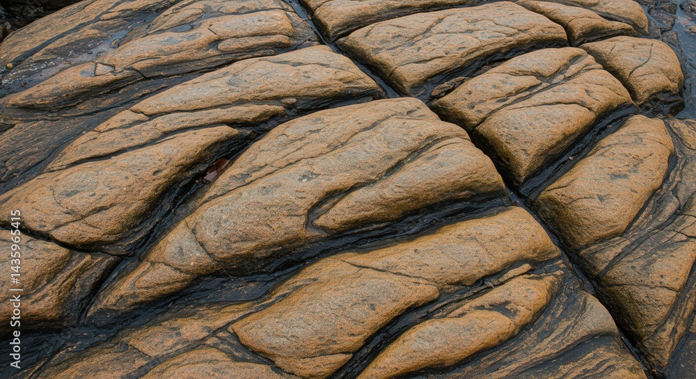 Poster wet coastal rocks with angular patterns and dark crevices at low tide
